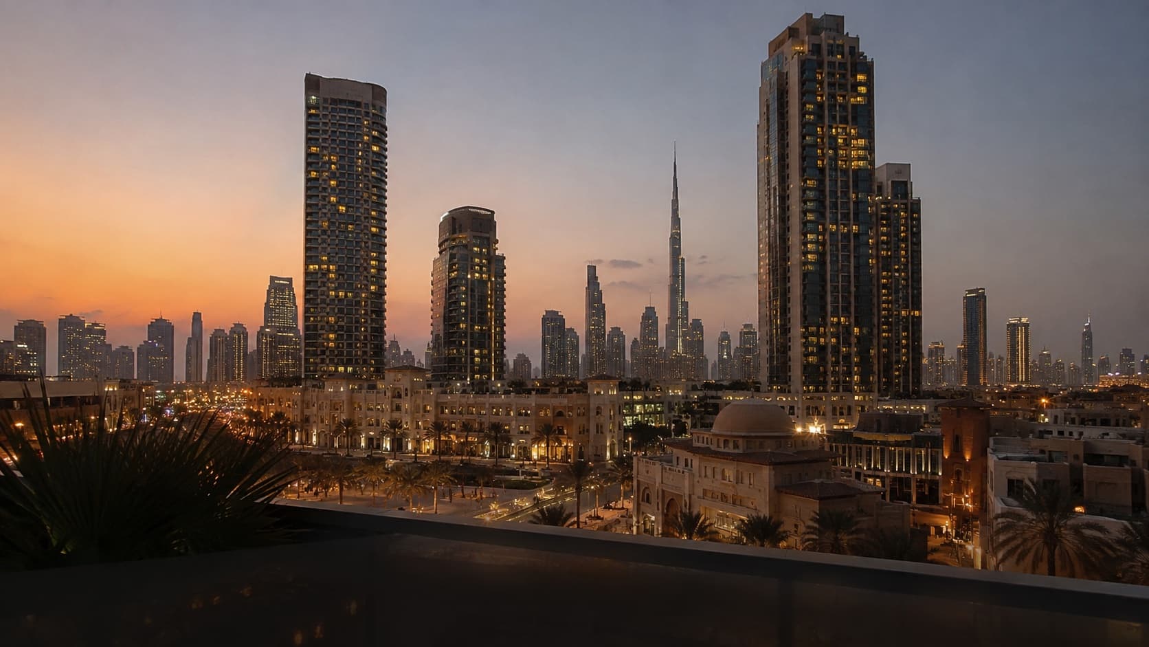 Dubai skyline at dusk with the Burj Khalifa